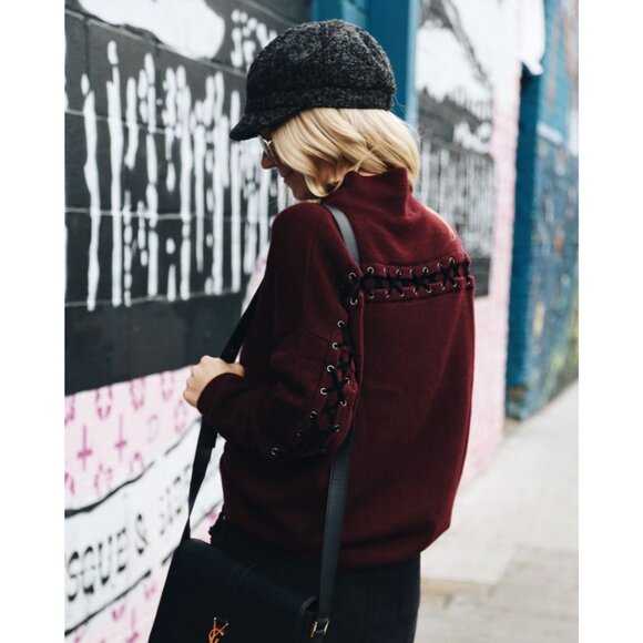 Autumn Cashmere Laced Back Mock Neck Wine Merlot Maroon Sweater - Picture 1 of 10